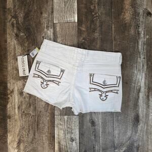 White Low Rise McBling Shorts Rhinestones Contrast Stitching Pockets Size 7